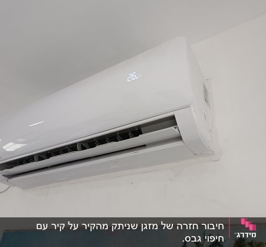 מזגן מותקן על קיר לבן עם תצוגת טמפרטורה